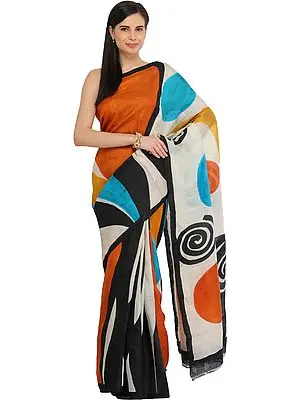 Multicolored Sari from Kolkata with Modern Print