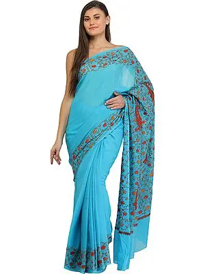 Batton-Blue Kashmiri Sari with Needle Hand-Embroidered Lotuses