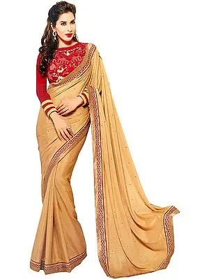 Beige and Red Designer Sari with Patch Border and Embroidered Blouse