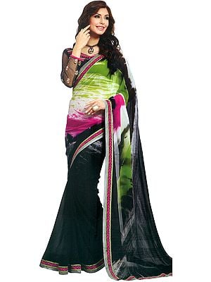 Multicolored Digital-Printed Sari with Patch Border and Embroidered Blouse