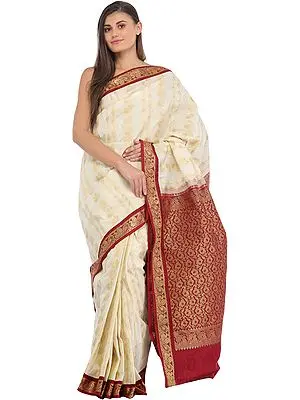 Ivory and Maroon Sari from Bangalore with Woven Golden Peacocks and Brocaded Pallu