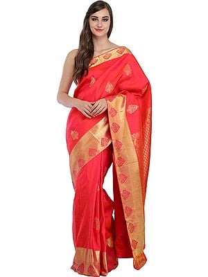 Paradise-Pink Sari from Bangalore with Wide Golden Border and Brocade-Weave