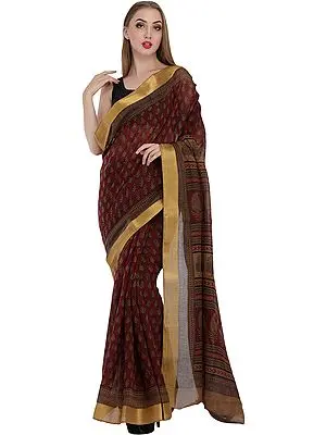 Maroon Kalamkari Sari with Block-Printed Leaves and Golden Border