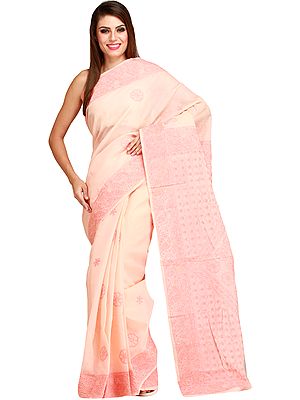 Tropical-Peach Sari from Lucknow with Chikan Hand-Embroidery