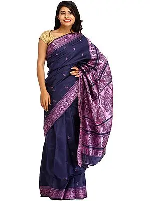 Crown-Blue Baluchari Sari from Kolkata with Woven Paisleys