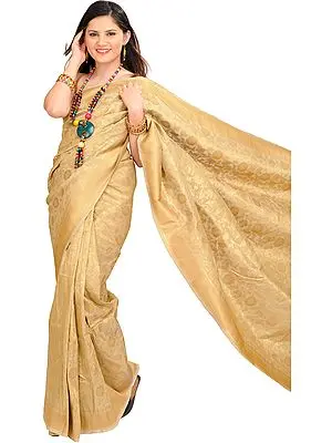 Pale-Khaki Saree from Banaras with Woven Golden Flowers All-Over
