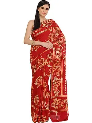 Cranberry-Red Batik Sari from Madhya Pradesh with Printed Motifs