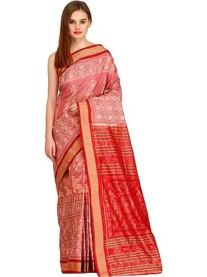 Ash-Rose and Red Bomkai Handloom Sari from Sambhalpur with Ikat Weave