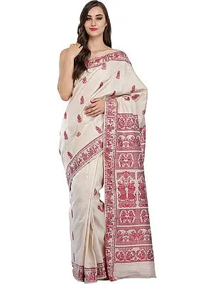 Dusty-White and Red Baluchari Sari from Kolkata Depicting Hindu Mythological Episodes