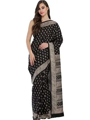 Jet-Black Sari from Madhya Pradesh with Kalamkari Print