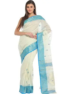 Ivory and Cyan Purbasthali Sari from Bengal with Woven Bootis and Brocaded Border