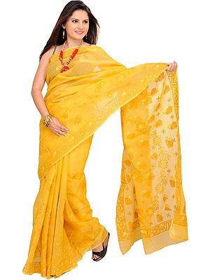 Golden-Apricot Sari from Lucknow with Chikan-Embroidery by Hand
