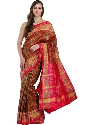 Brown and Pink Handloom Paan Patola Sari from Gujarat with Ikat Weave