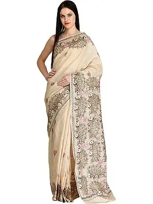 Antique-White Madhubani Hand-Painted Sari from Bihar with Auspicious Fishes