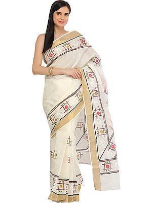 Off-White Hand Painted Jamini Roy Sari with Golden Border