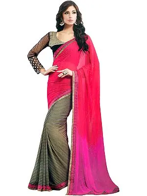 Tri-Colored Half and Half Printed Sari with Patch Border and Embroidered Blouse