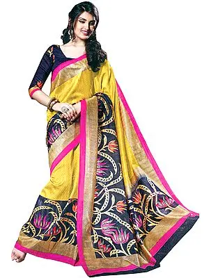 Misted-Yellow and Blue Sanganeri-Silk Sari with Printed Lotuses and Stripes