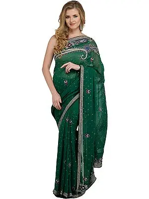 Verdant-Green Wedding Sari with Embroidered Beads and Stone-work