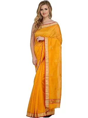 Marigold Chanderi Sari with Woven Golden Border and Flowers on Pallu