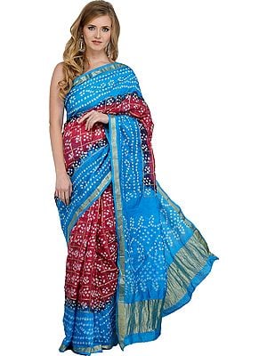 Malaga and Blue Bandhani Tie-Dye Gharchola Sari from Jodhpur with Golden Thread Weave