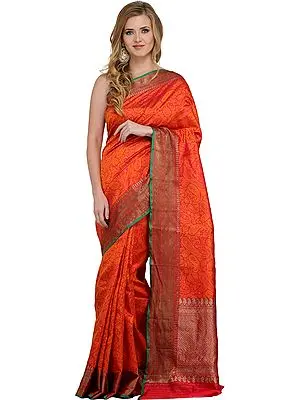 Geranium-Red Banarasi Handloom Sari with Woven Paisleys All-Over