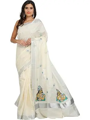 Ivory Kasavu Tissue Sari from Kerala with Embroidered Krishna on Pallu and Sequins