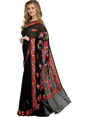 Jet-Black Kashmir Sari with Aari-Embroidered Flowers
