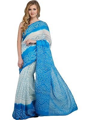 White and Blue Bandhani Tie-Dye Marwari Sari from Jodhpur