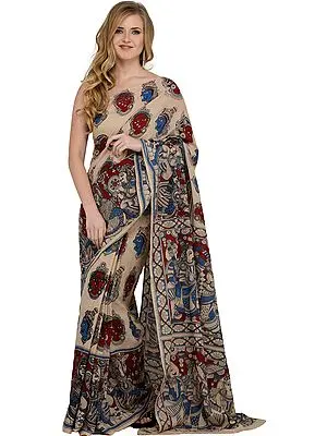 Sandshell Printed Kalamkari Sari from Andhra Pradesh Depicting Hindu Mythological Episodes from Ramayana