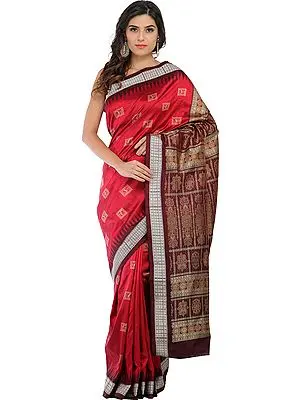 Red and Chocolate Handloom Bomkai Sari from Orissa with Woven Bootis and Dense Weave on Pallu