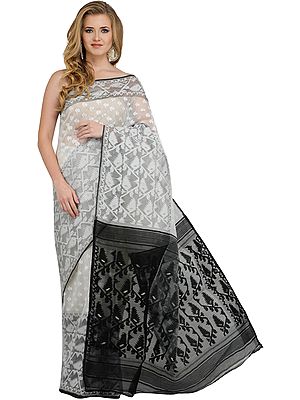 White and Black Jamdani Sari from Bangladesh with Woven Bootis All-Over