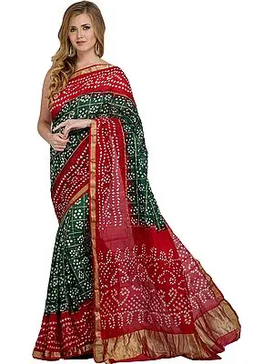 Green and Red Bandhani Tie-Dye Gharchola Sari from Jodhpur