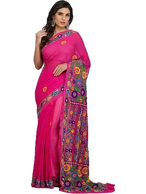 Raspberry-Rose Phulkari Sari from Punjab with Hand-embroidered Flowers
