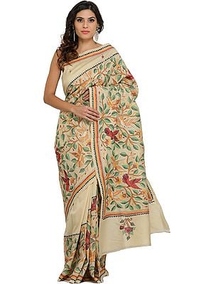 Antique-White Sari from Kolkata with Kantha Hand-Embroidered Birds and Foliage