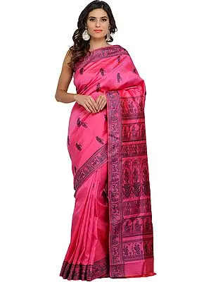 Hot-Pink Baluchari Sari from Kolkata Depicting Hindu Mythological Episodes