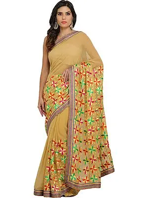 New-Wheat Phulkari Sari from Punjab with Embroidered Flowers and Gota Border