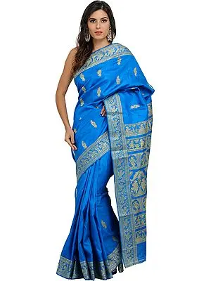 French Blue Baluchari Sari with Hand-Woven Dancing Apsaras on Aanchal