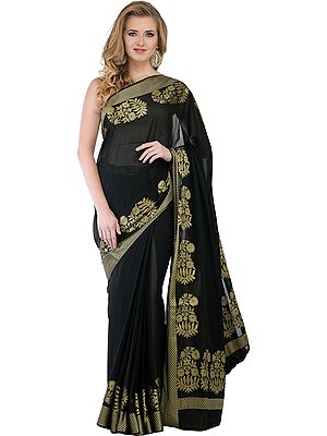 Black and Golden Sari from Bangalore with Woven Bootis on Border