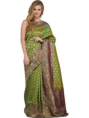 Fluorite Green Traditional Brocaded Sari from Bangalore with Woven Bootis and Floral Border