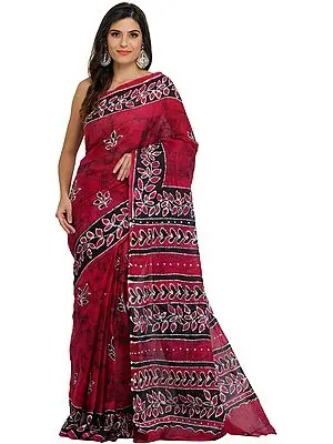 Rasberry Wine Batik Sari from Madhya Pradesh with Printed Motifs