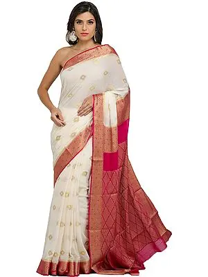 Off-White and Pink Chiffon Sari from Bangalore with Hand-woven Booties in Golden Thread