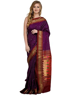 Purple Paithani Sari with Bootis and Hand-Woven Peacocks on Pallu