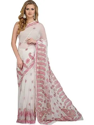 Egret-White and Pink Sari from Lucknow with Chikan Hand-Embroidered Paisleys by Hand