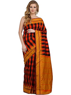 Flame Orange Sari from Bangalore with Woven Checks and Striped Pallu
