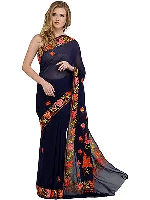 Midnight-Blue Kashmiri Sari with Aari-Embroidered Maple Leaves