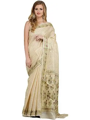 Golden and Beige Tissue Sari from Banaras with Woven Flowers on Border