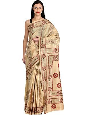 Almond-Buff Sari from Kolkata with Kantha Hand-Embroidered Paisleys and Giant Mandala
