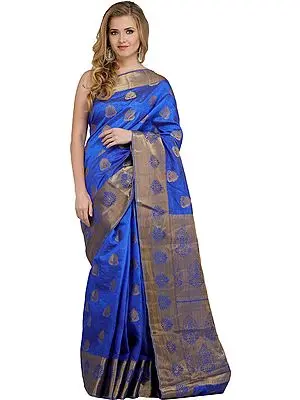 Dazzling-Blue Traditional Sari from Banaras with Brocaded Bootis