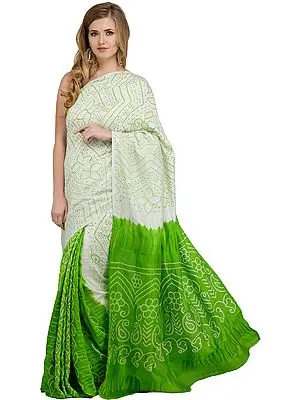 Green-Flash Shaded Bandhani Tie-Dye Gajji Silk Sari from Rajasthan