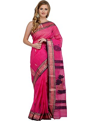 Magenta-Pink and Blue Dhakai Handloom Sari from Kolkata with Woven Bootis